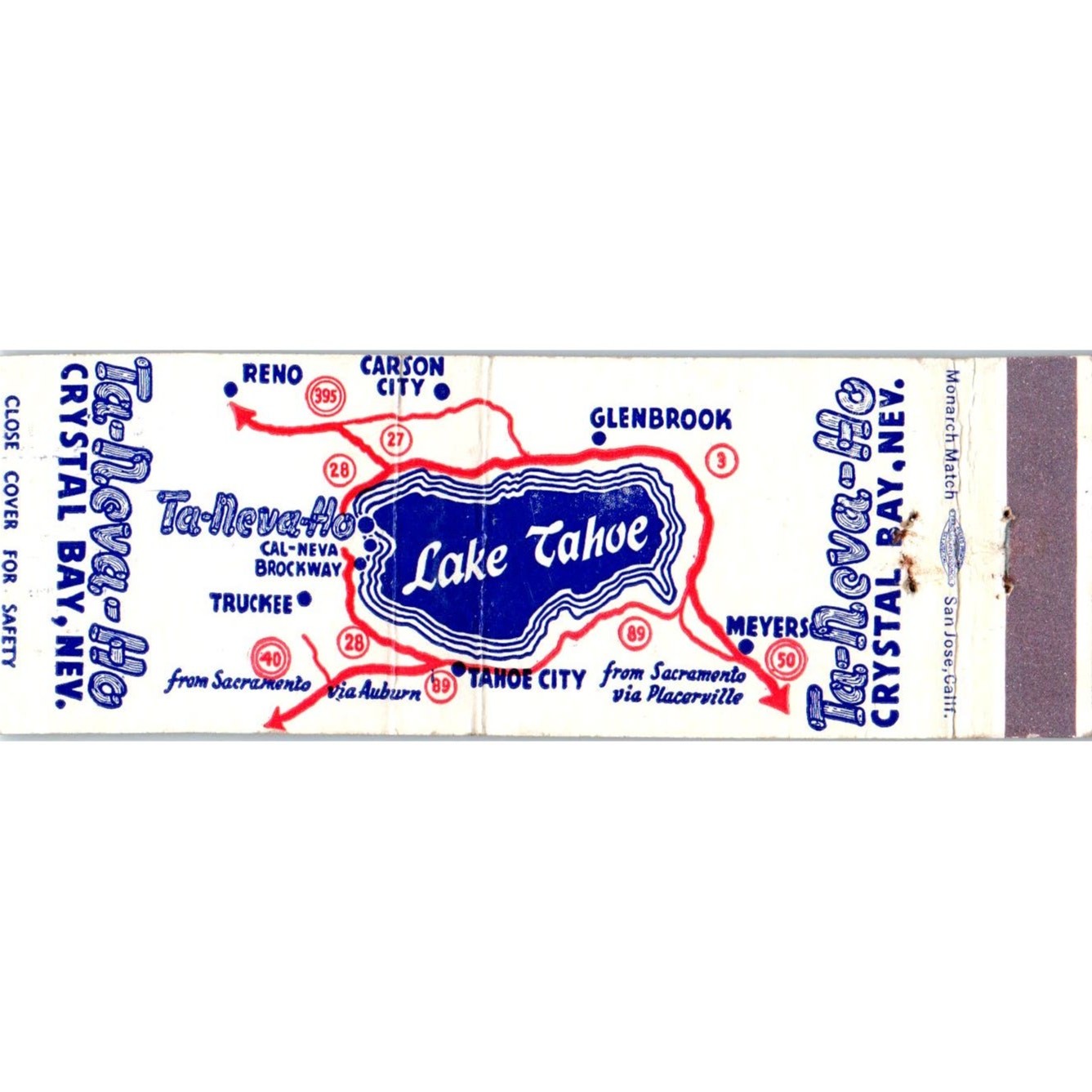 Ta-Neva-Ho Lake Tahoe Crystal Bay NV Advertising Matchbook Cover MM9-2