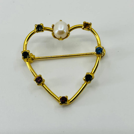 Vintage Heart Faux Pearl Multicolor Rhinestone Gold Tone Brooch SB2