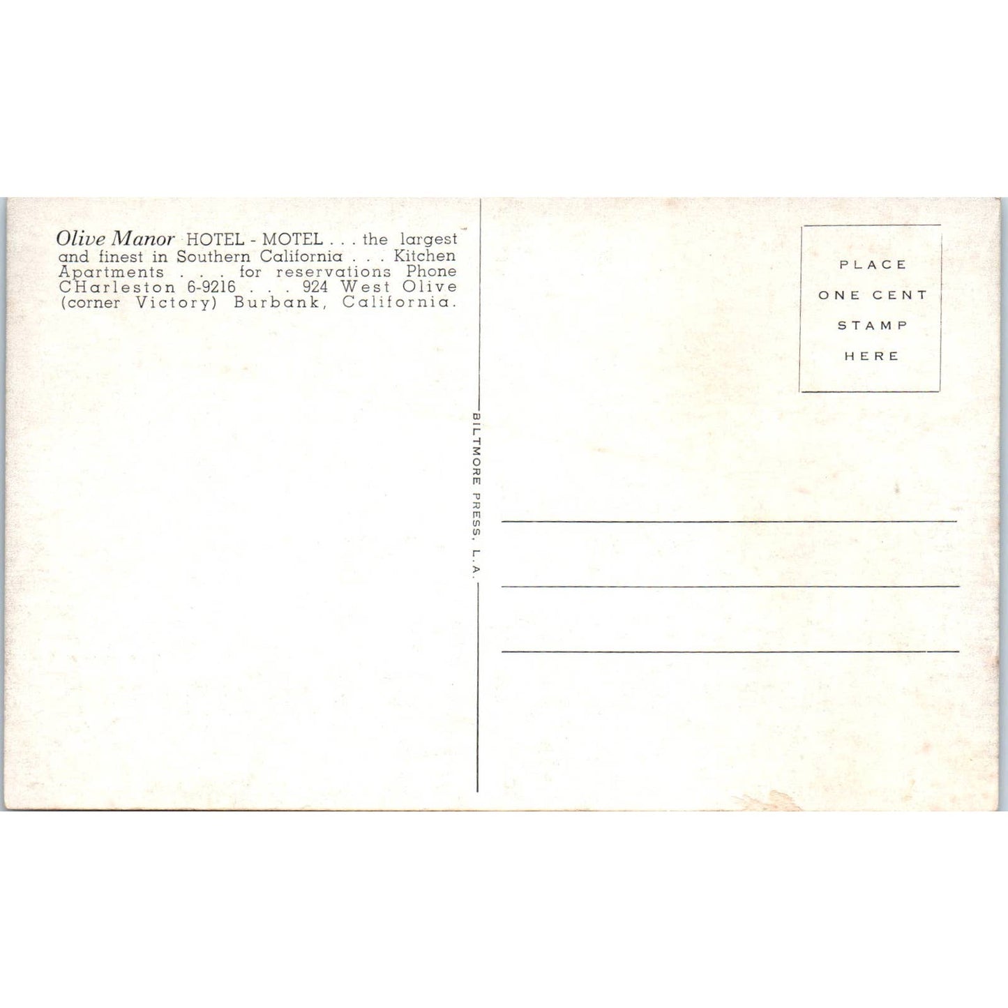 1940s Postcard Olive Manor Hotel Motel Burbank California SE5
