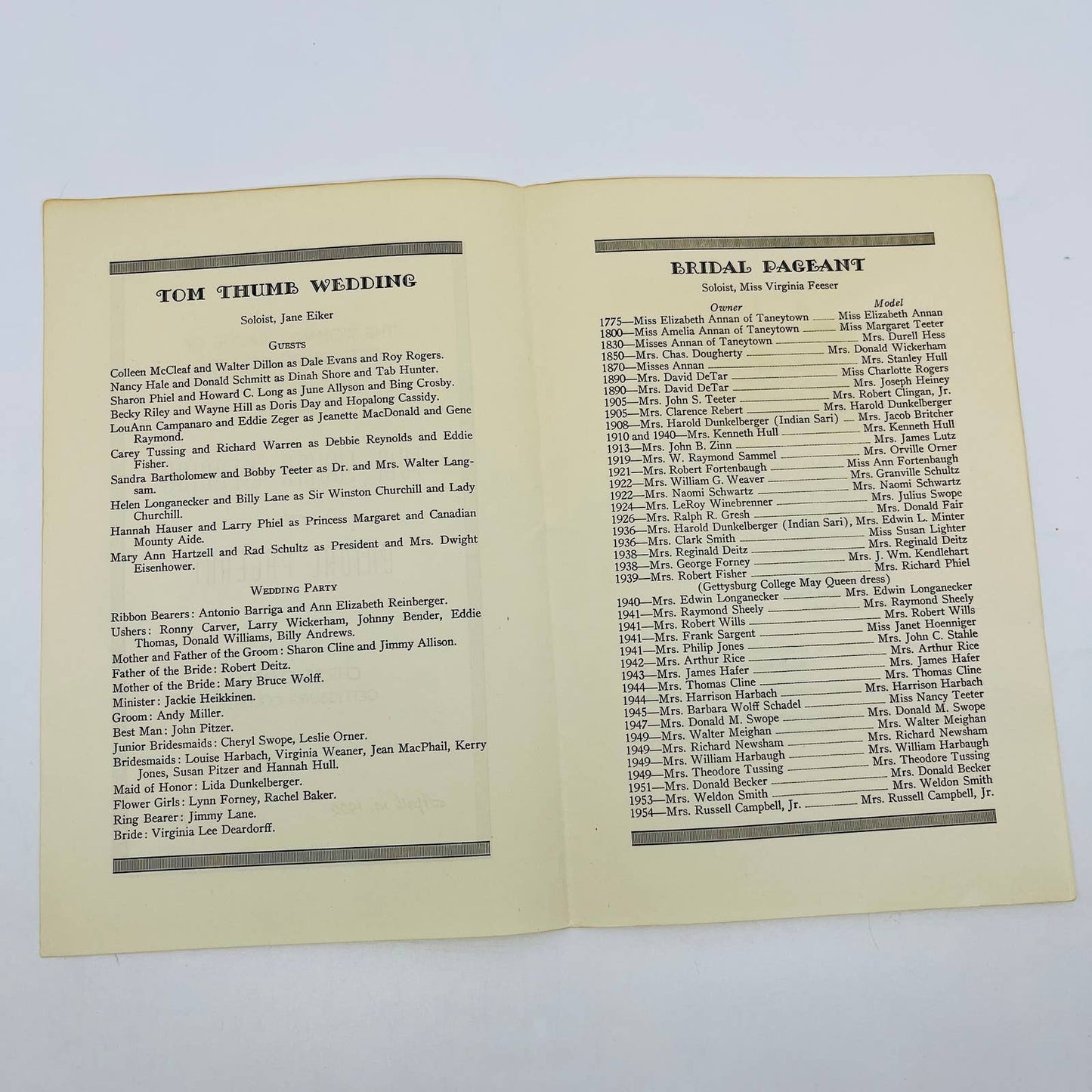 1955 Lot of Tom Thumb Wedding Programs & News Clipping Gettysburg College PA D2