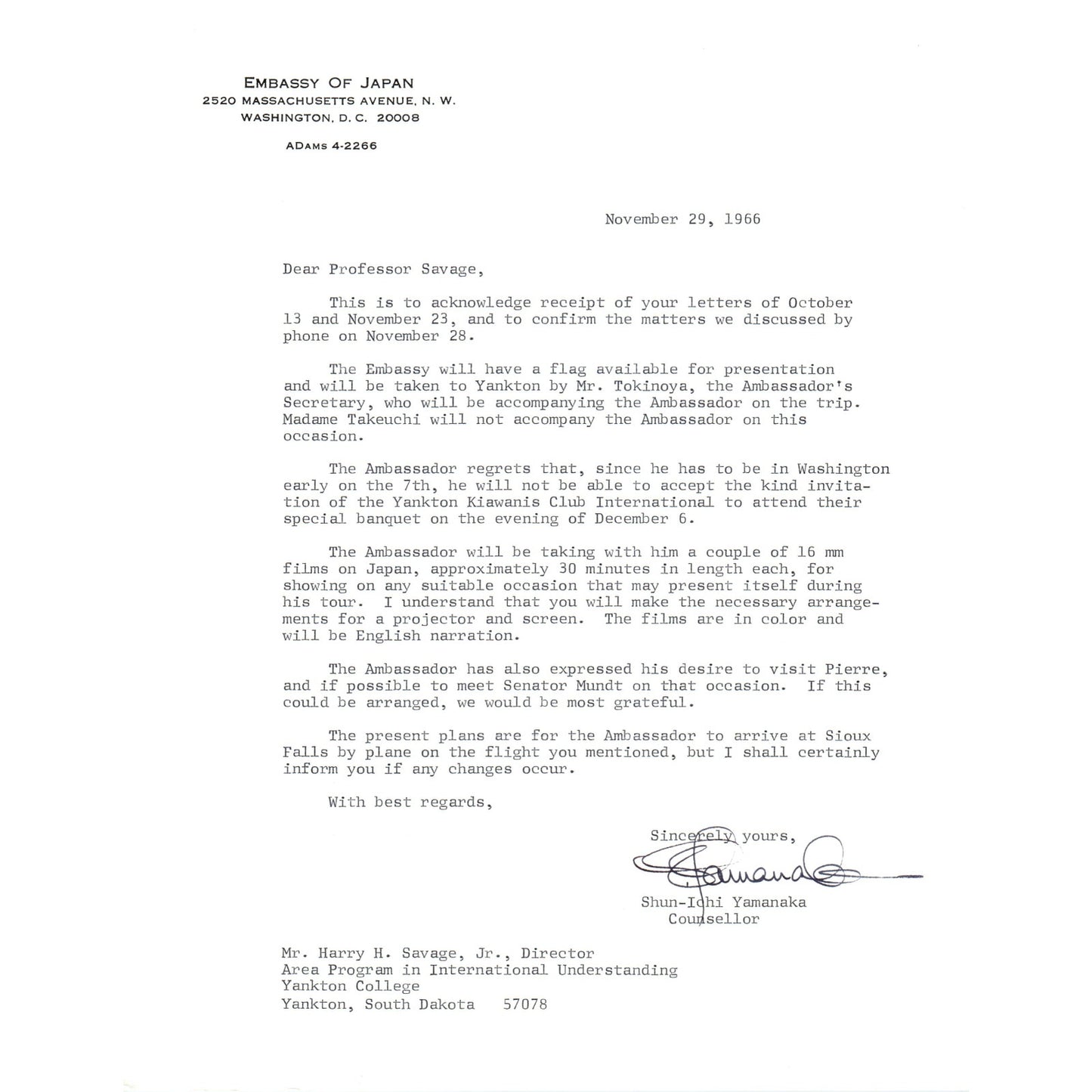 Embassy of Japan Letterhead Memo Shun-Ichi Yamanaka 11/29/66 B14
