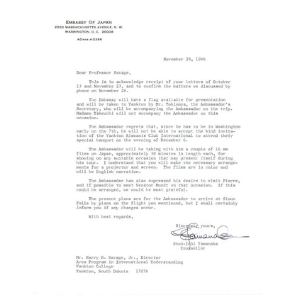 Embassy of Japan Letterhead Memo Shun-Ichi Yamanaka 11/29/66 B14