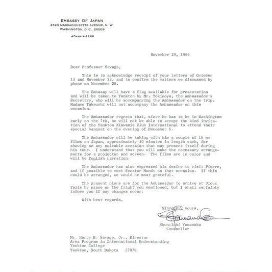 Embassy of Japan Letterhead Memo Shun-Ichi Yamanaka 11/29/66 B14