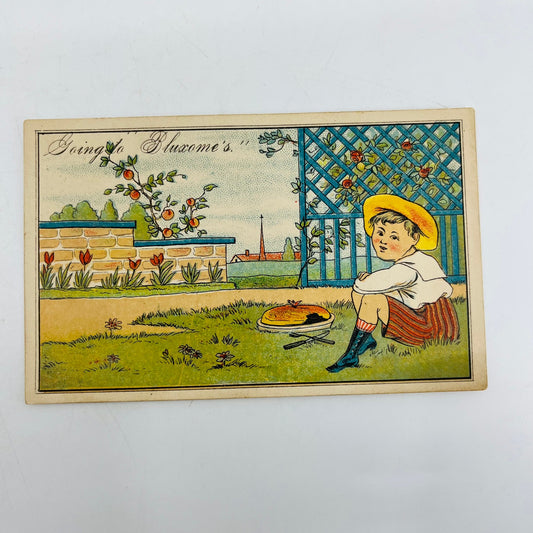 1880s Victorian Trade Card Bluxome NY “Going to Bluxome’s” Laces Fans AH9-M9