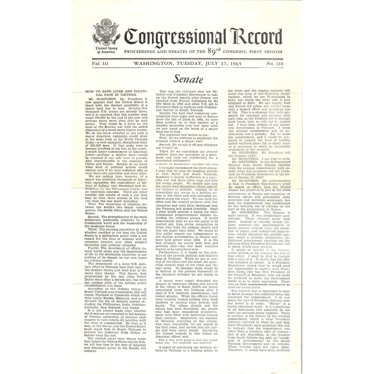 The Congressional Record Jul 27 1965 George McGovern Address on Vietnam B13
