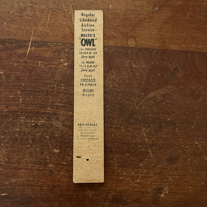 Delta's Owl Aircoach Chicago - Miami Slim Advertising Matchbook Cover MM11-5
