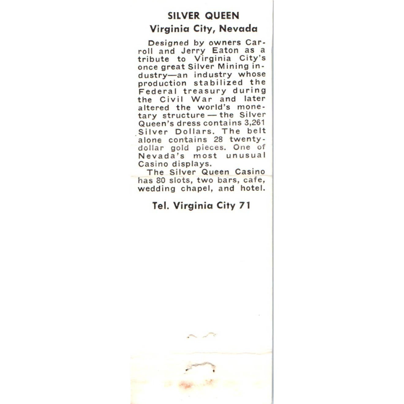 Silver Queen Virginia City NV Advertising Matchbook Cover MM9-8