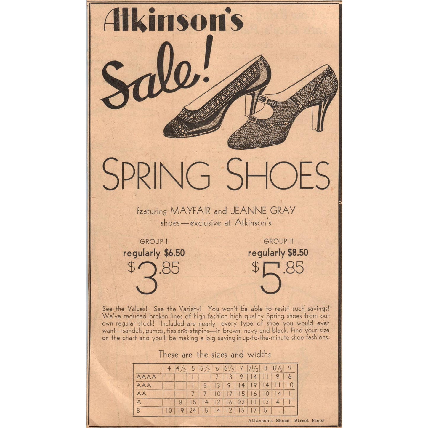 1935 Minneapolis Newspaper Ad Atkinson's Department Store Spring Shoe Sale FL5-3