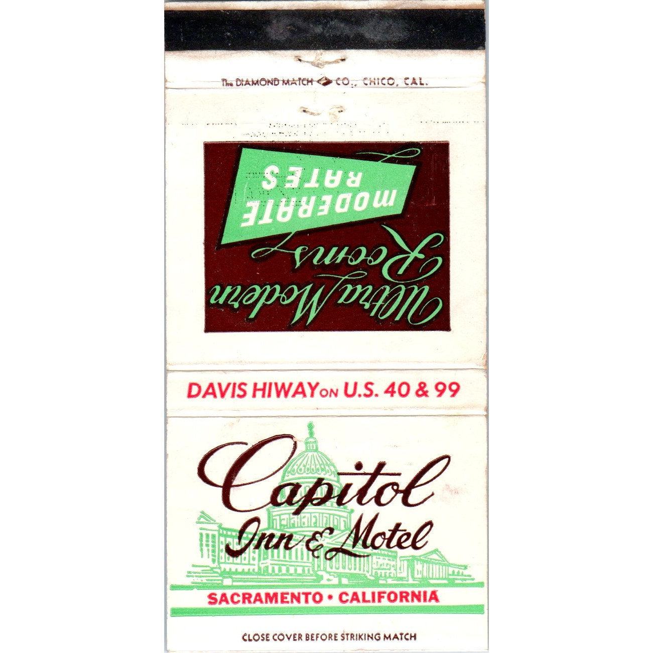 Capitol Inn & Motel Sacramento CA Advertising Matchbook Cover MM11-8