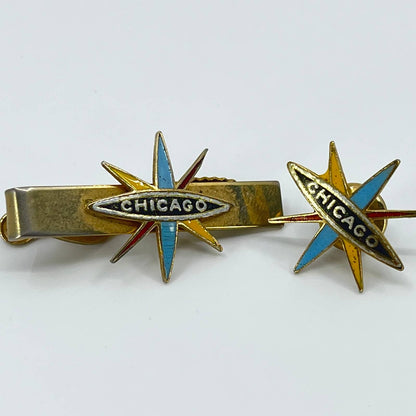 1950s MCM Atomic Starburst Chicago Tie Bar and Lapel Pin Set SD2