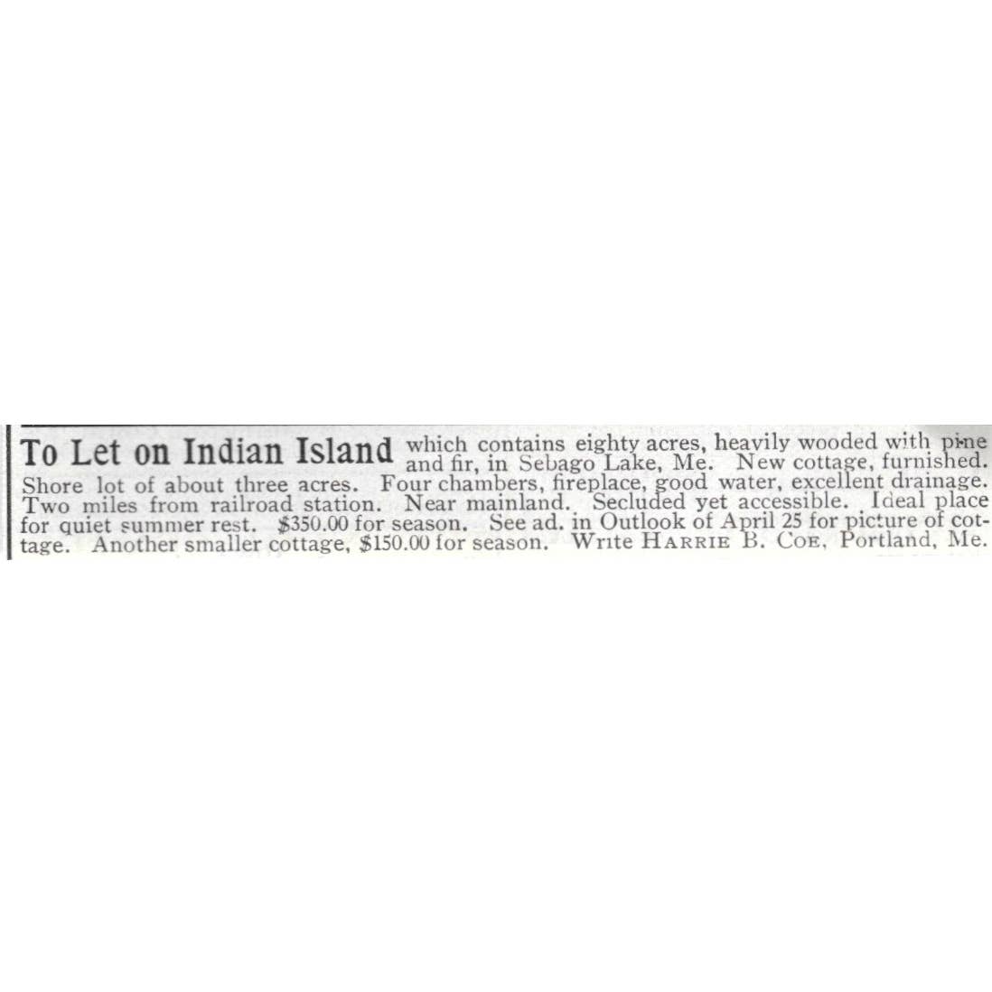 Indian Island Cottage Sebago Lake ME Harrie B Coe - 1903 Original Ad TJ8-7-4