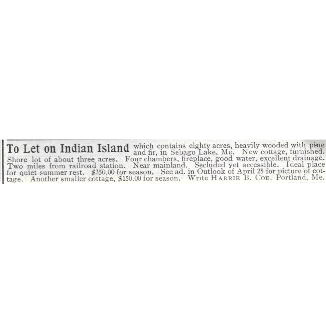 Indian Island Cottage Sebago Lake ME Harrie B Coe - 1903 Original Ad AK5-S31