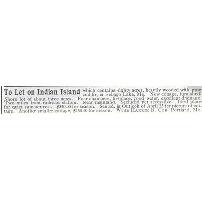 Indian Island Cottage Sebago Lake ME Harrie B Coe - 1903 Original Ad AK5-S31