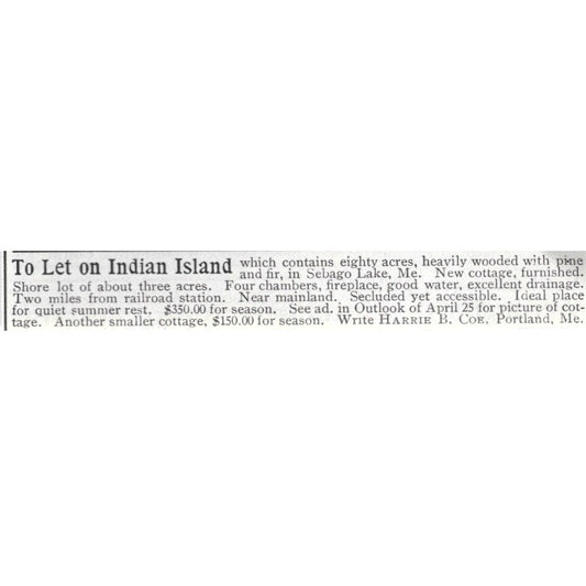 Indian Island Cottage Sebago Lake ME Harrie B Coe - 1903 Original Ad AK5-S31