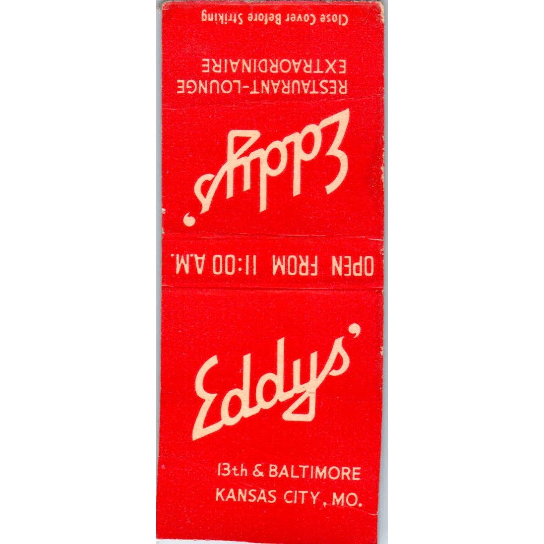 Eddy's Restaurant Kansas City MO Advertising Matchbook Cover SA9-M5