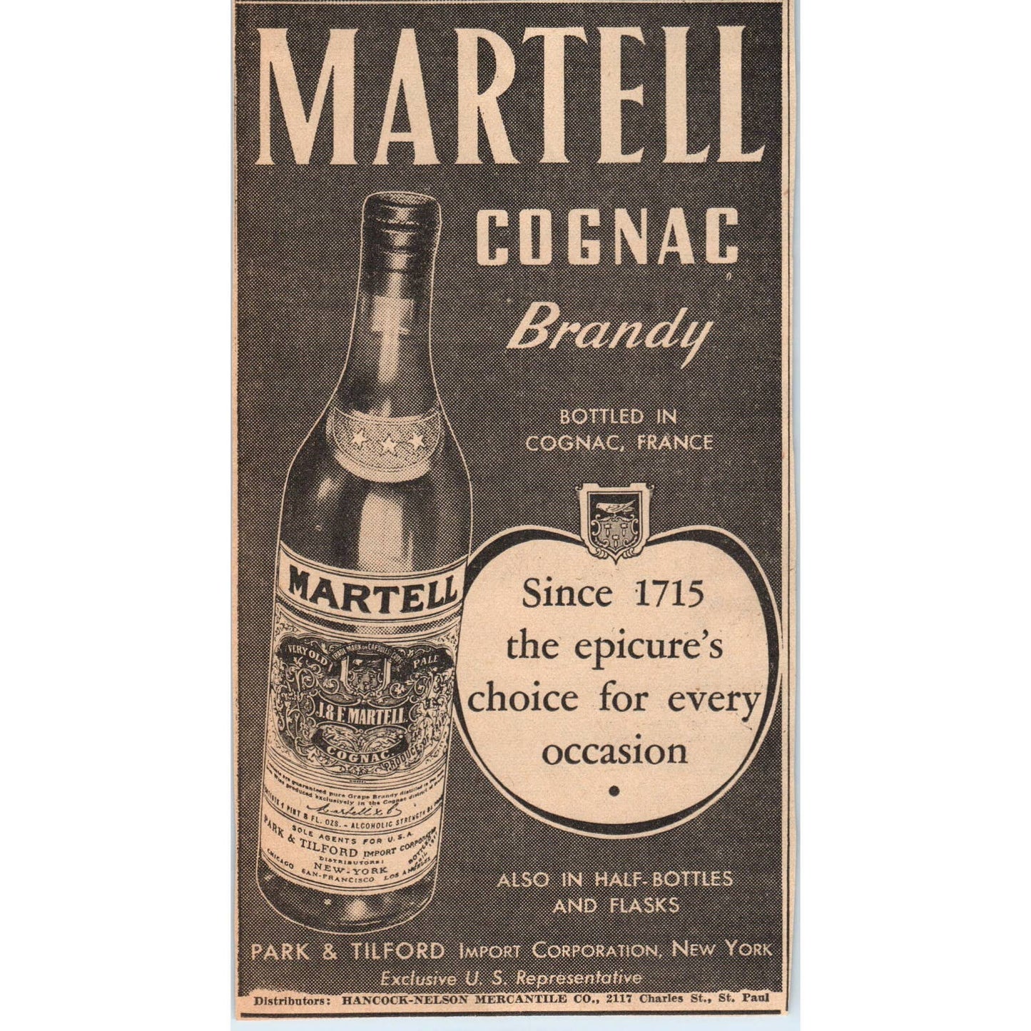 1935 Minneapolis Journal Newspaper Ad Martell Cognac Brandy Park & Tilford FL5-3