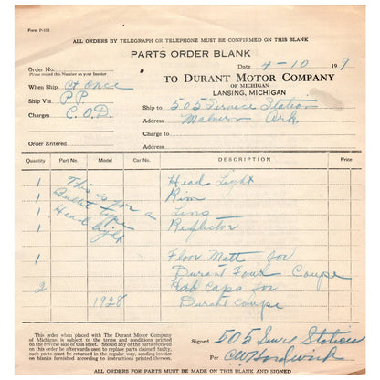 1929 Durant Motor Company Lansing MI Parts Order Blank Automotive Automobile  AD1