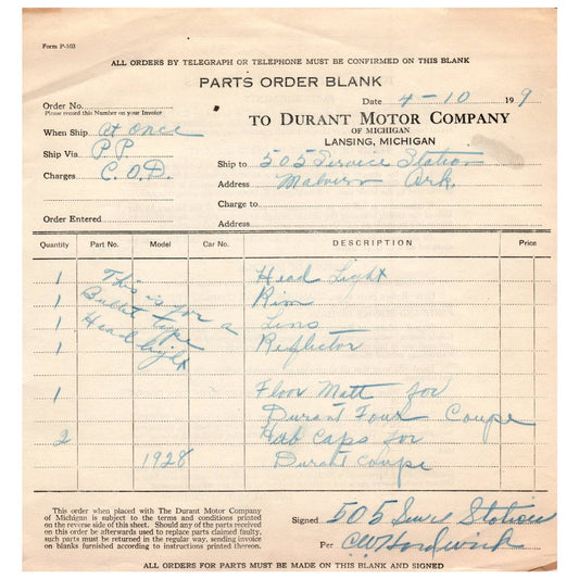 1929 Durant Motor Company Lansing MI Parts Order Blank Automotive Automobile  AD1