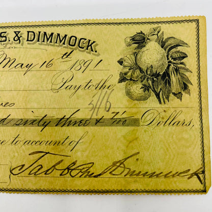 1891 Bank Check Tabb Bros & Dimmock Hardware JM Harris Baltimore MD AA5