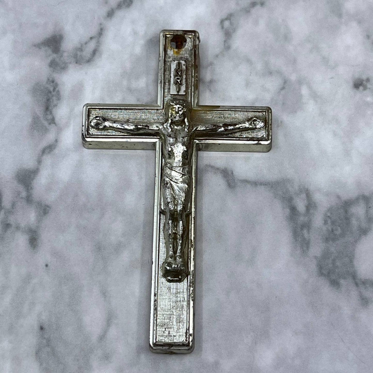 Vintage Celluloid Silver Tone Crucifix 3” SF1
