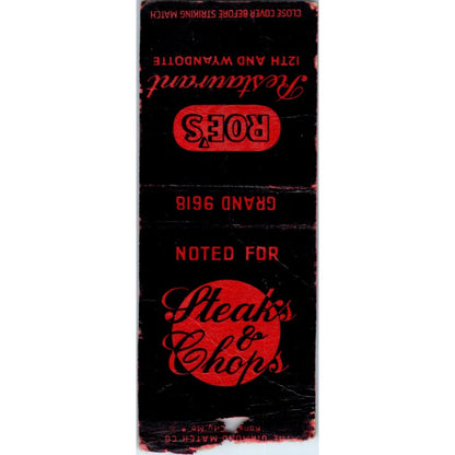 Roe's Restaurant Steaks & Chops Kansas City Advertising Matchbook Cover SA9-M2