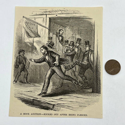 1880s Original Art Print Engraving A Mock Auction Kicked Out New York ~4x5" AC9