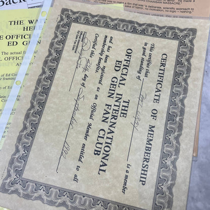 Vintage Ed Gein Fan Club Ephemera Collection FL5