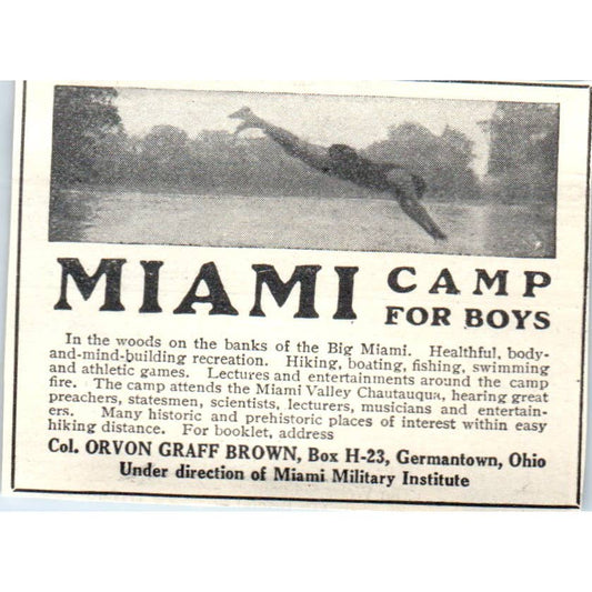 c1920 Harper's Ad Miami Camp for Boys Col Orvon Graff Brown Germantown OH EA3-2