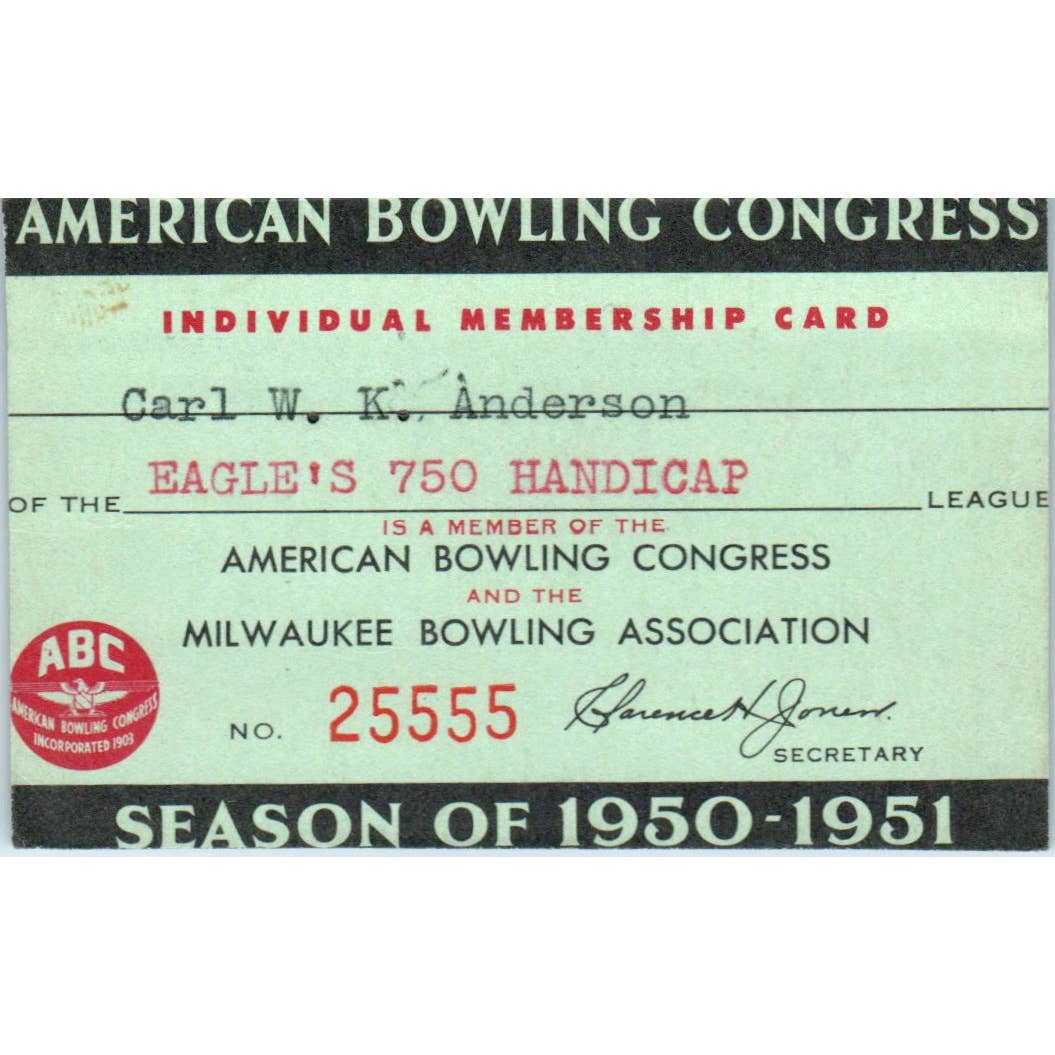 1950 American Bowling Congress Milwaukee Membership Card Eagles 750 SE5-33