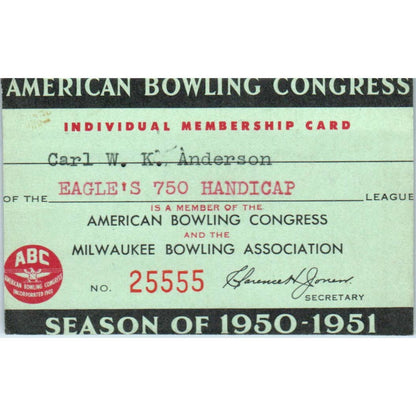 1950 American Bowling Congress Milwaukee Membership Card Eagles 750 SE5-33