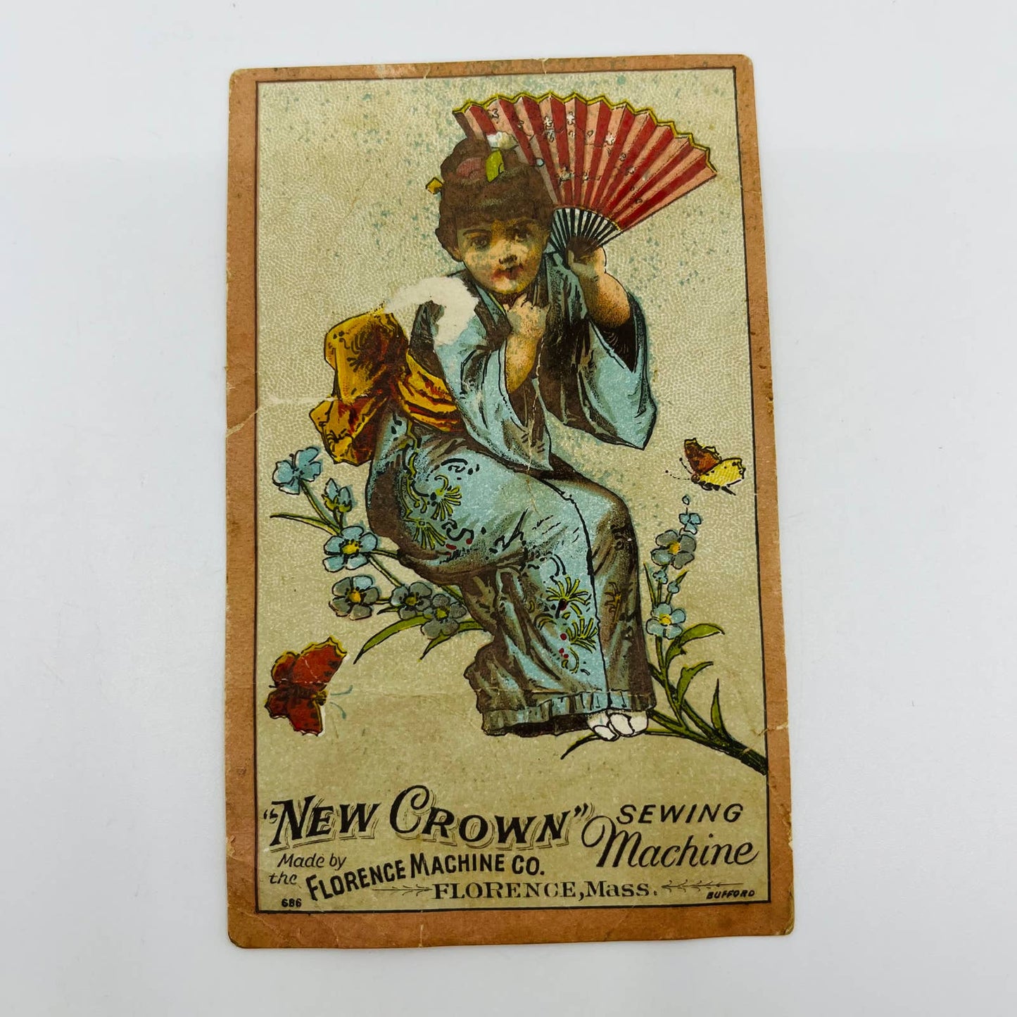 1880 Victorian Trade Card New Crown Sewing Machine Florence MA Oriental Girl AA2