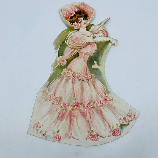 c1900 Victorian Lady Large Cutout Cardstock Pink Dress 9 x 12” TA8