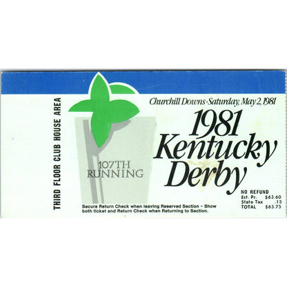 1981 Kentucky Derby Ticket Churchill Downs Third Floor Clubhouse SE4