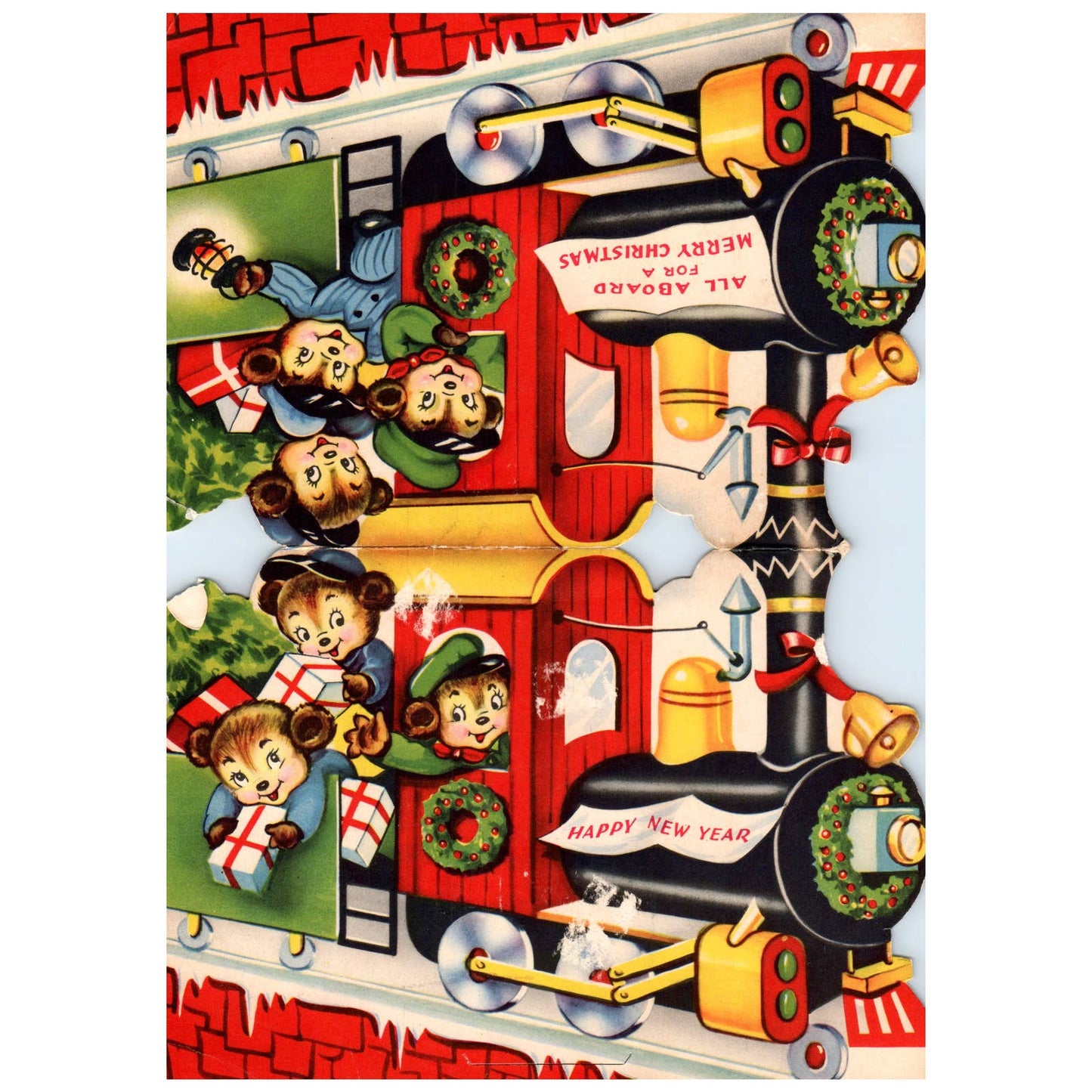 Vintage Christmas Card Die-Cut Stand Up Christmas Train Bears TJ8-7