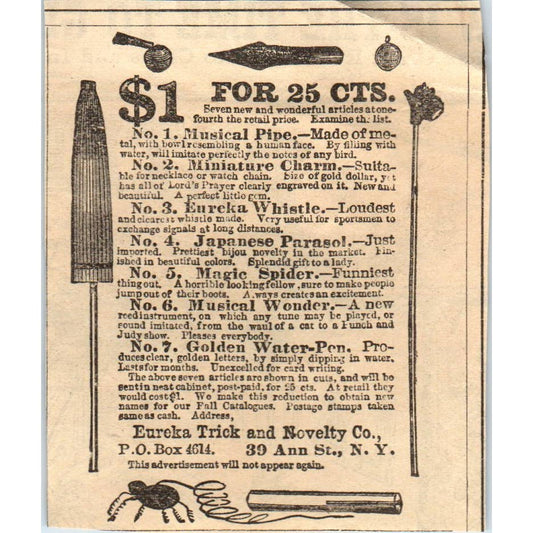 1878 Peterson's Magazine Ad - Eureka Trick and Novelty Co. Ann Street NY SF2