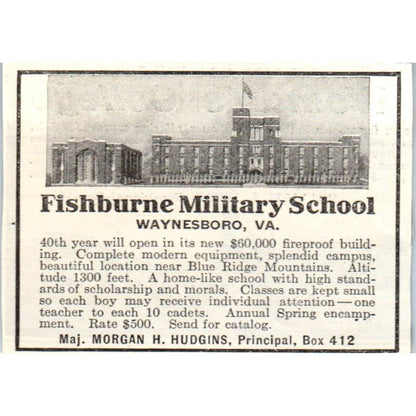 c1920 Harper's Ad - Fishburne Military School Morgan H Hudgins Waynesboro VA EA3