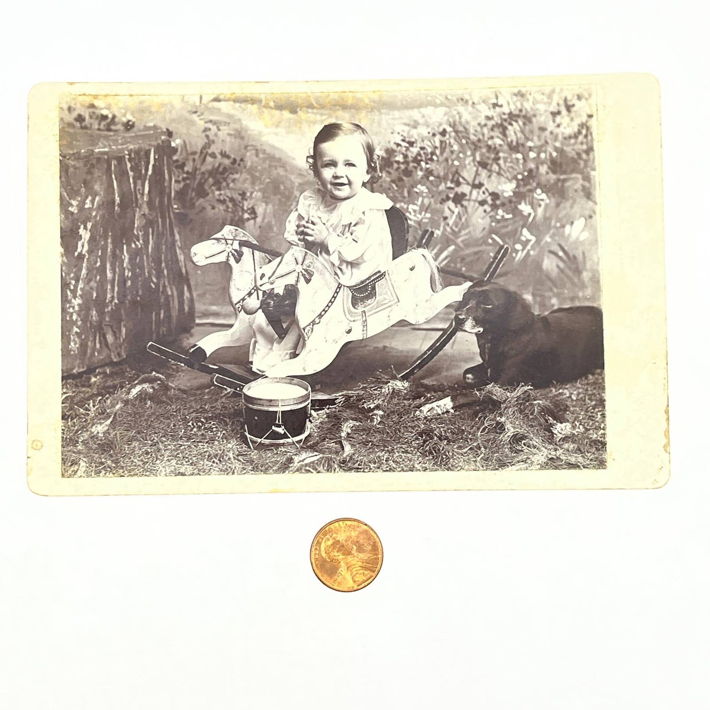 1890s Cabinet Card CDV Little Girl on Hobby Horse With Black Labrador Dog AC3