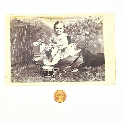 1890s Cabinet Card CDV Little Girl on Hobby Horse With Black Labrador Dog AC3