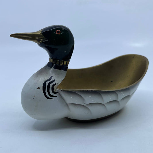 Vtg MCM Hand Painted Solid Brass Mallard Duck Brass Trinket Candy Dish 7" TH8-1