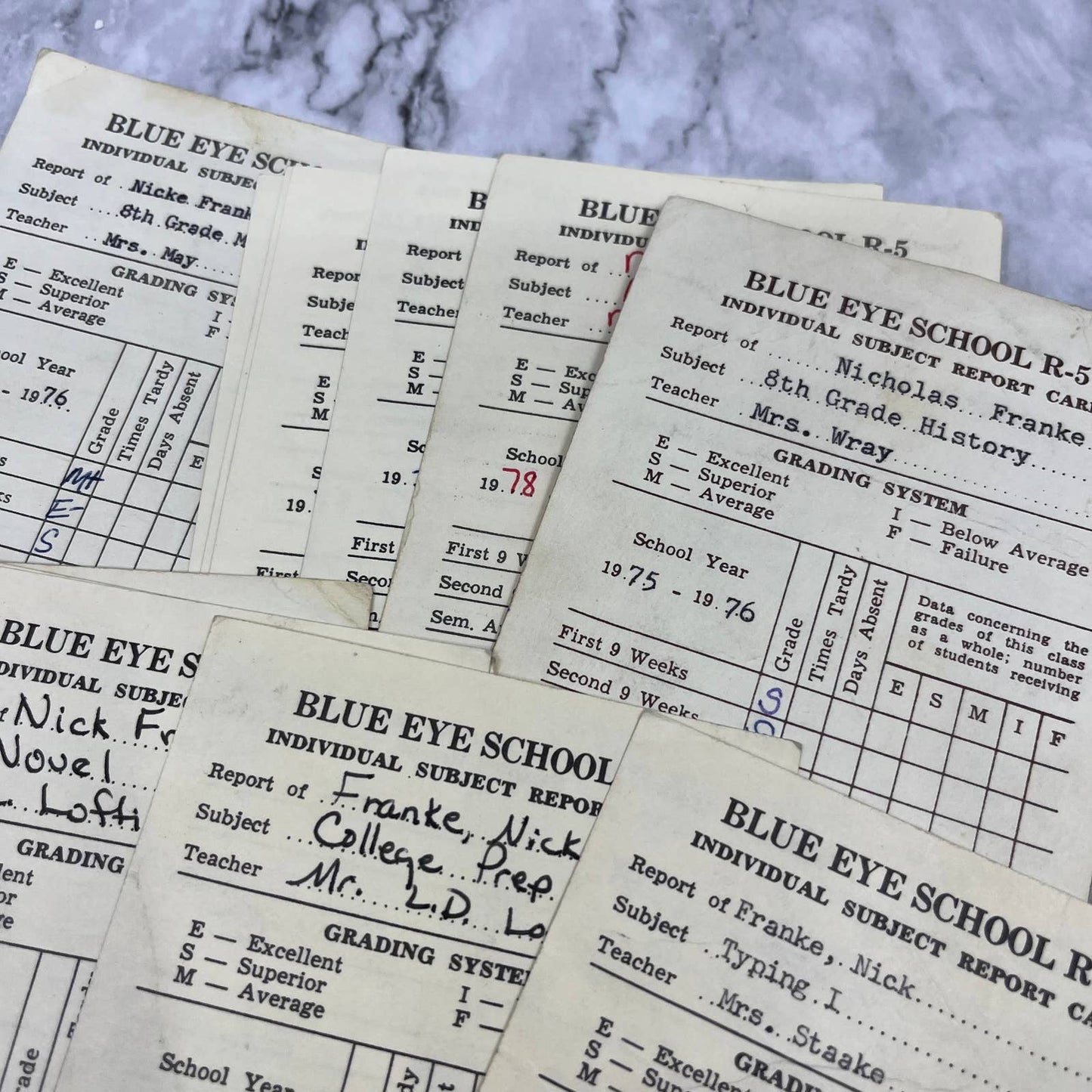 1973-80 Report Card Lot Nick Franke Blue Eye School MO EA4