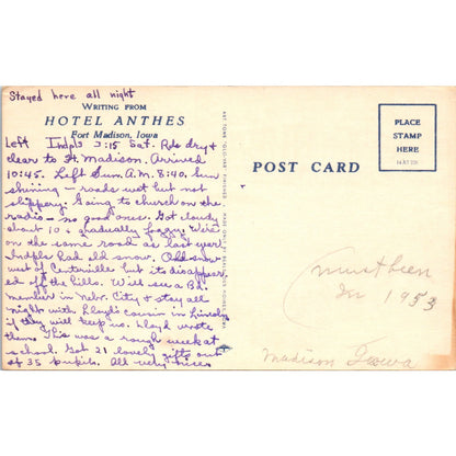 Hotel Anthes Fort Madison Iowa 1953 - Original Postcard P3-4