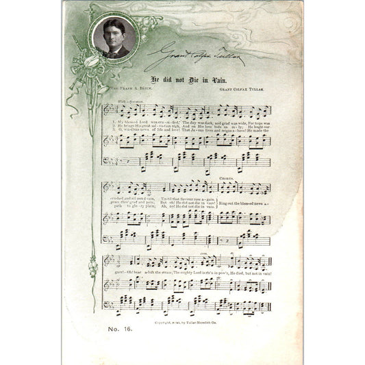 1901 Sheet Music Postcard He Did Not Die in Vain Grant Colfax Tullah TK1-24