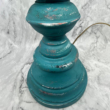 Vintage Shabby Chic Distressed Turquoise Table Lamp w/ Harp & Finial WORKS 20"