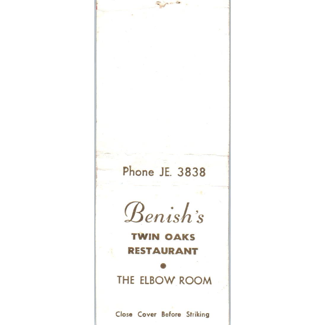 Benish's Twin Oaks Restaurant The Elbow Room Advertising Matchbook Cover SA9-M4