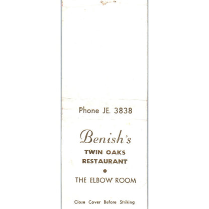 Benish's Twin Oaks Restaurant The Elbow Room Advertising Matchbook Cover MM9-4