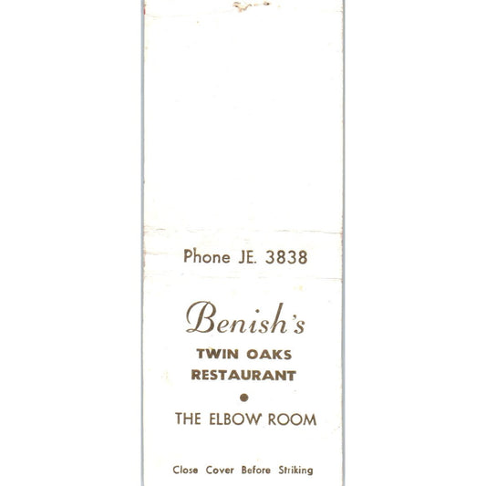 Benish's Twin Oaks Restaurant The Elbow Room Advertising Matchbook Cover MM9-4