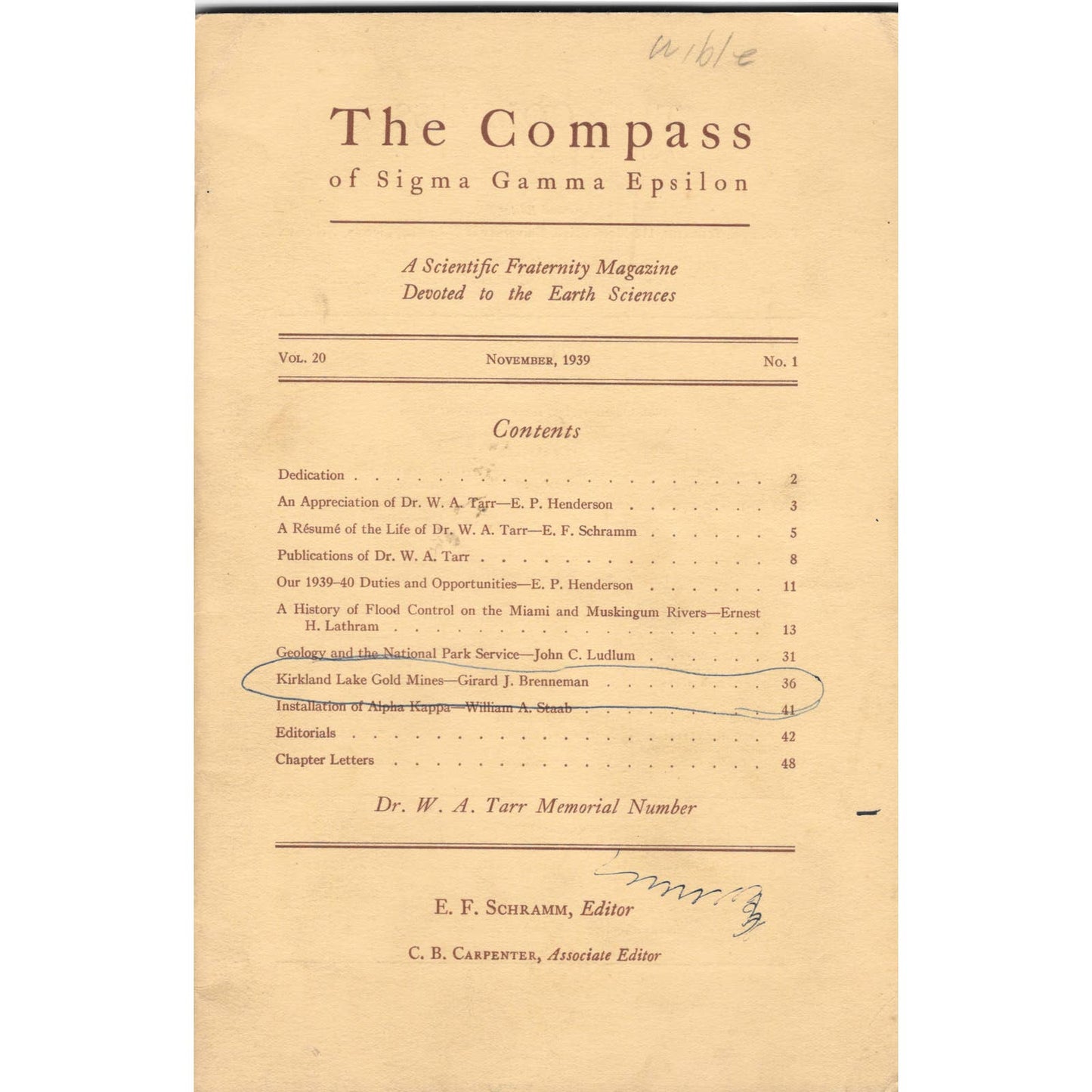 1939 The Compass of Sigma Gamma Epsilon Magazine W.A. Tarr Memorial TJ7