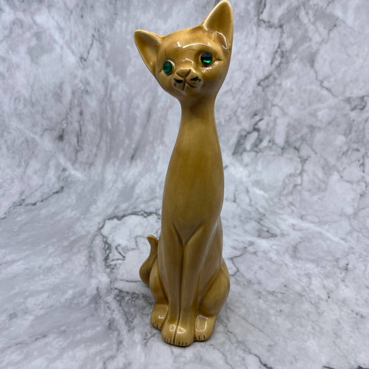 1950s MCM Long Neck Siamese Cat Figurine Ornament Tan Green Eyes 9" TA2-2