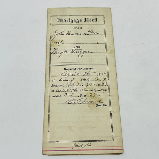 1888 Mortgage Deed Hugh Sturgum Dallas Ohio C12