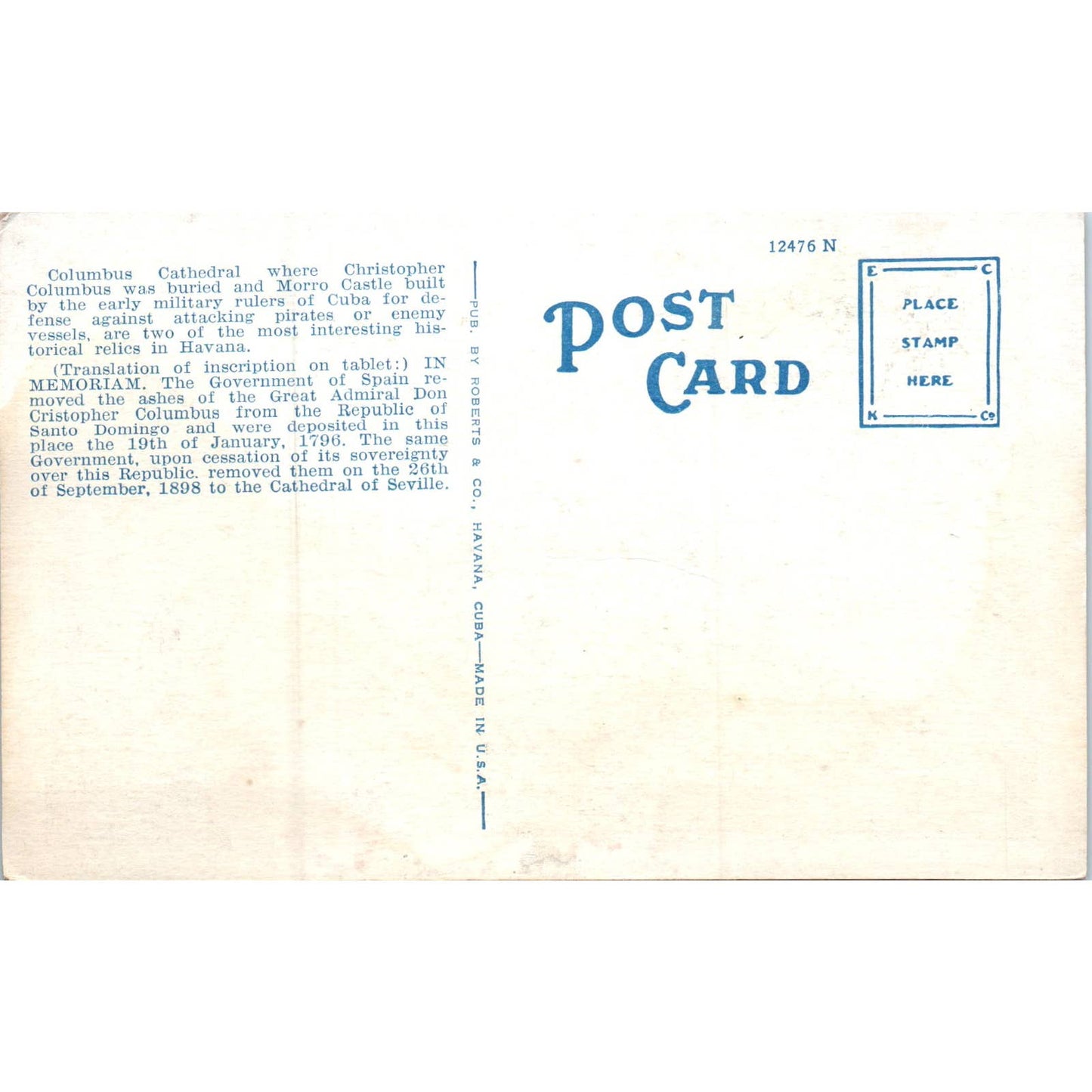 Tablet at Columbus Cathedral Morro Castle Havana Cuba Original Postcard TK1-P16